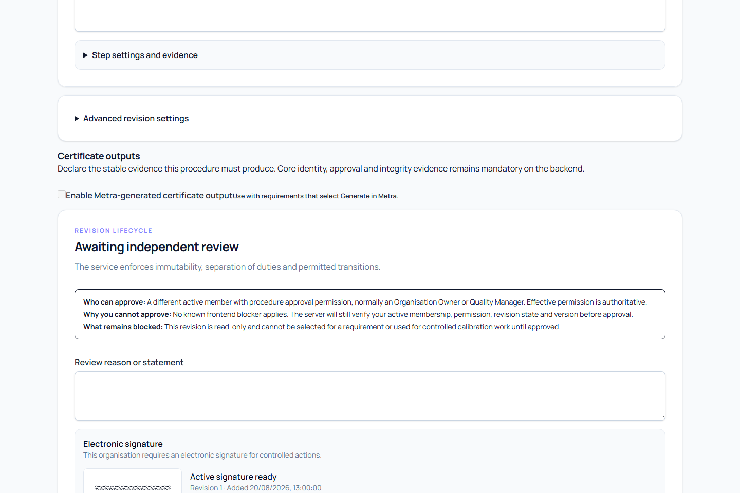 Procedure revision awaiting independent review with approval eligibility and blocked-work explanations