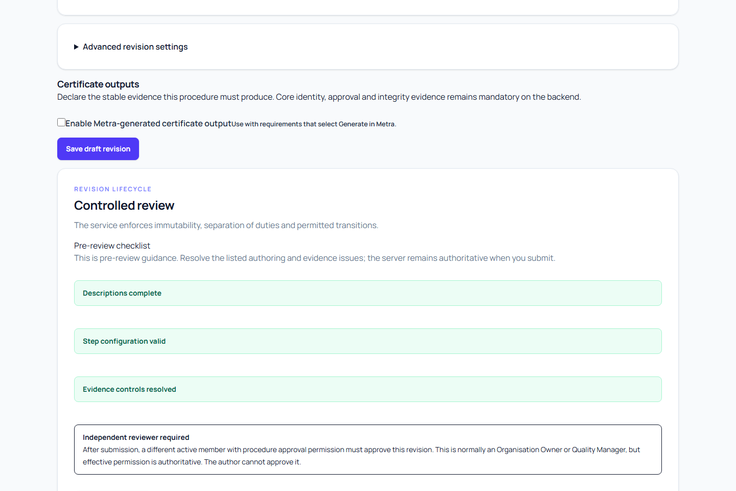 Pre-review checklist showing authoring, evidence and independent reviewer readiness