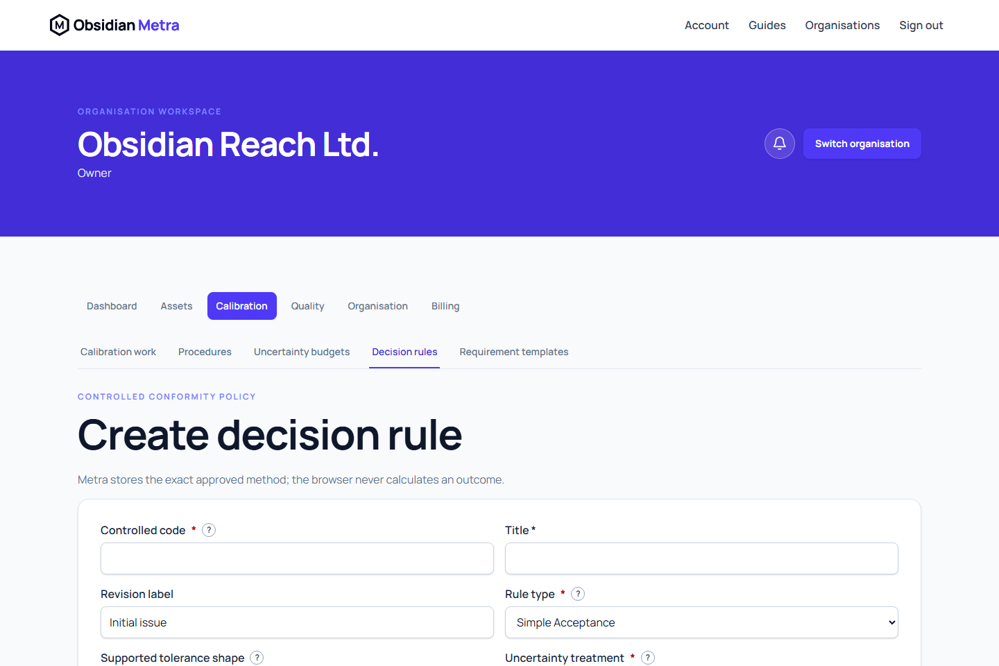 Decision-rule authoring form showing guard-band and uncertainty policies
