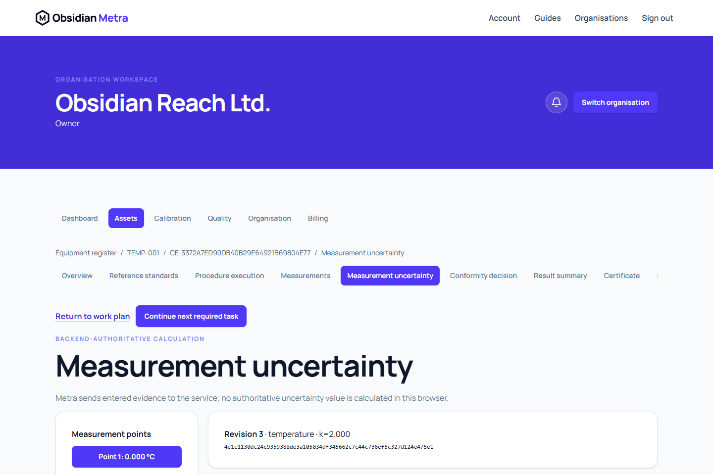 Measurement uncertainty evidence showing controlled components and expanded uncertainty