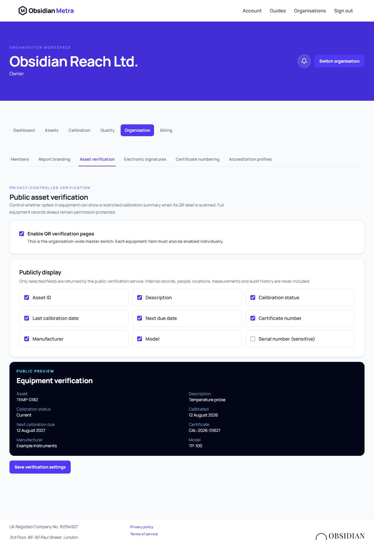 The organisation-level public asset verification controls, disclosure field choices and public preview.