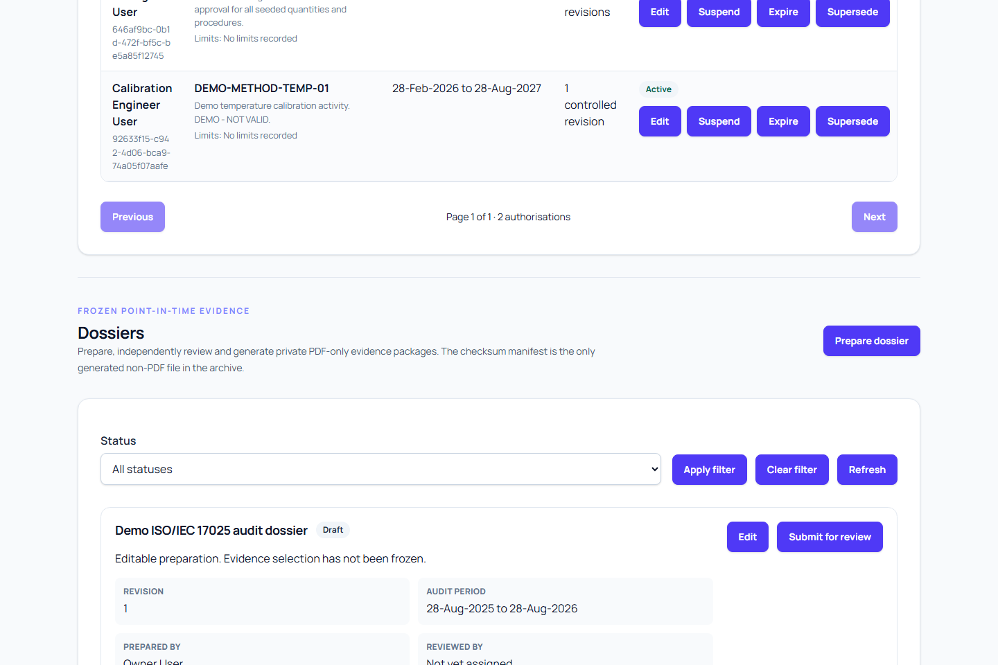 ISO audit dossier workspace with site scope, date range and evidence selection