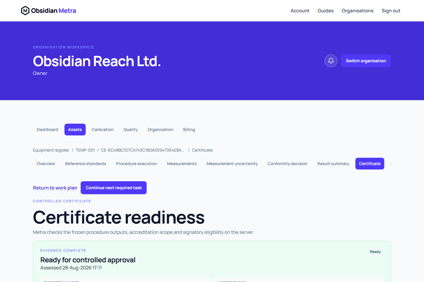 Certificate readiness showing controlled findings and issued certificate history