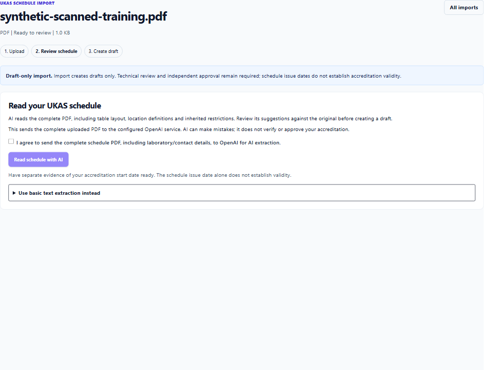 Complete-PDF sharing notice and explicit AI consent, shown with a synthetic training import