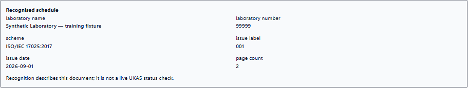 Recognised laboratory, issue and source identity in the UKAS review screen, using a clearly labelled synthetic training fixture