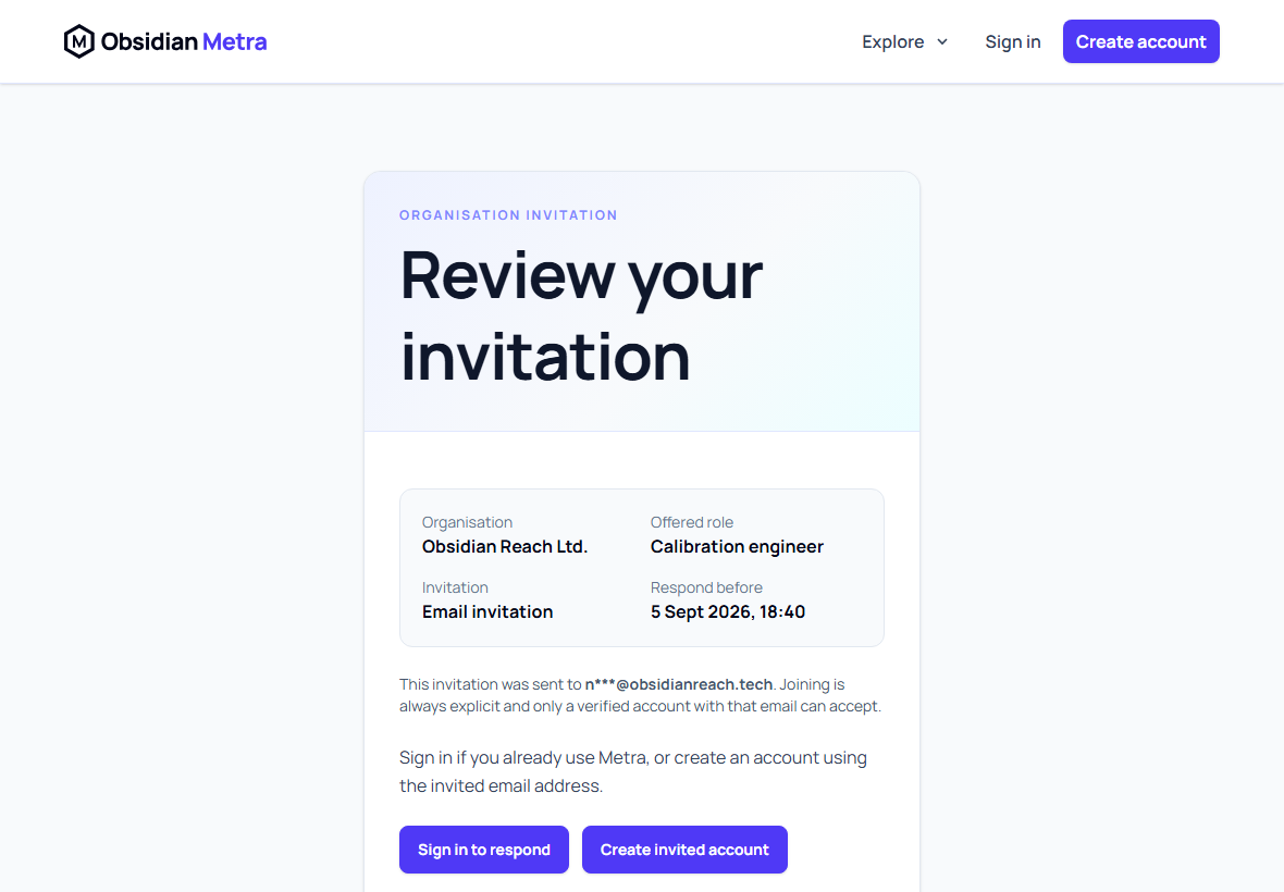 Invitation review showing the organisation, offered role, masked recipient, expiry, and sign-in or registration choices