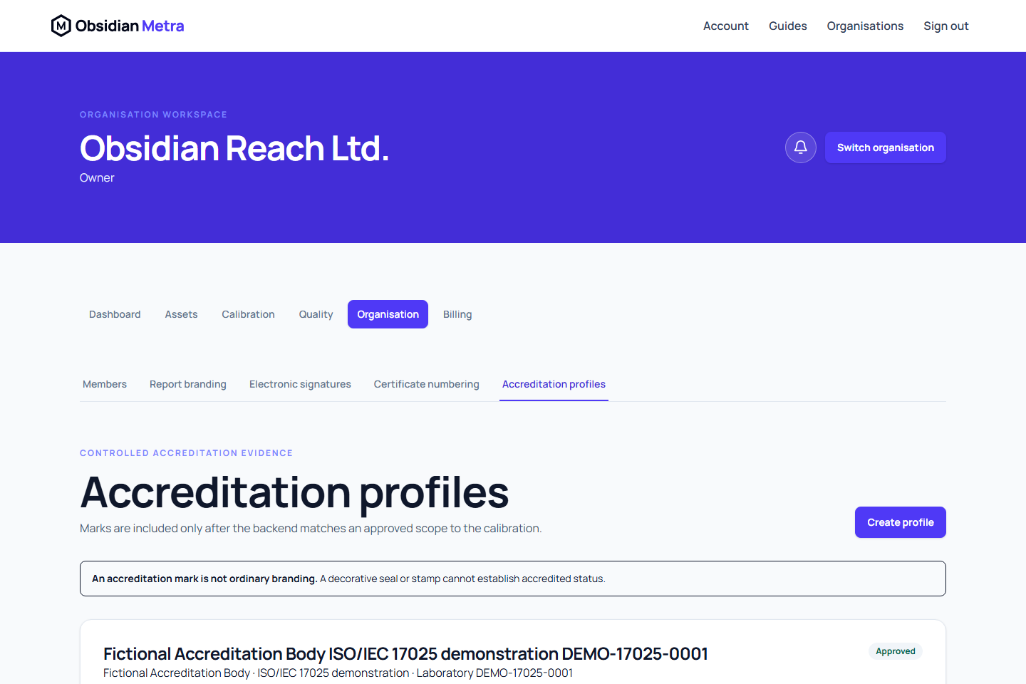 Accreditation profile register with controlled status and laboratory details