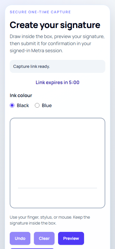 The mobile signature pad with touch-friendly drawing and correction controls.