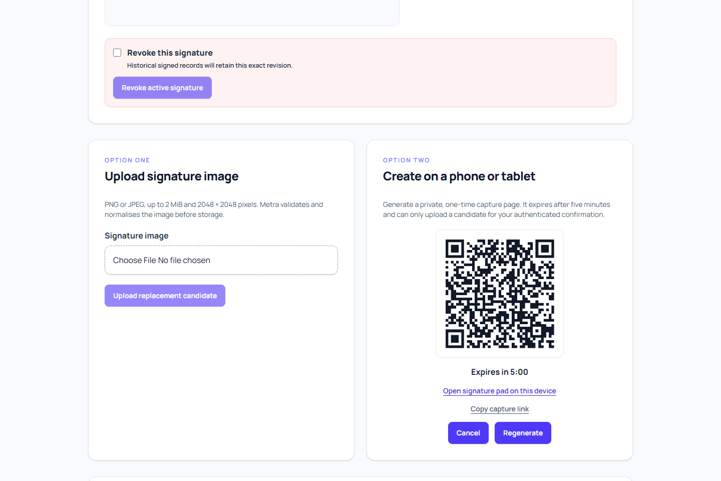 The time-limited QR code and same-device link in the electronic signature workspace.