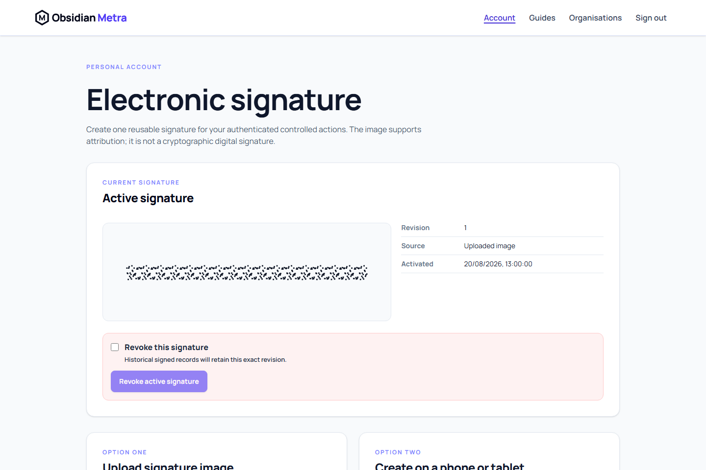 The electronic signature workspace showing the active signature and available setup methods.