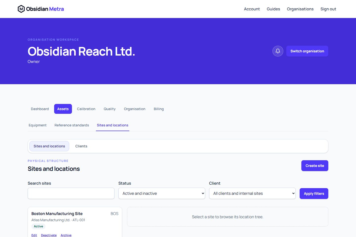 Sites and locations register showing client-backed and internal sites