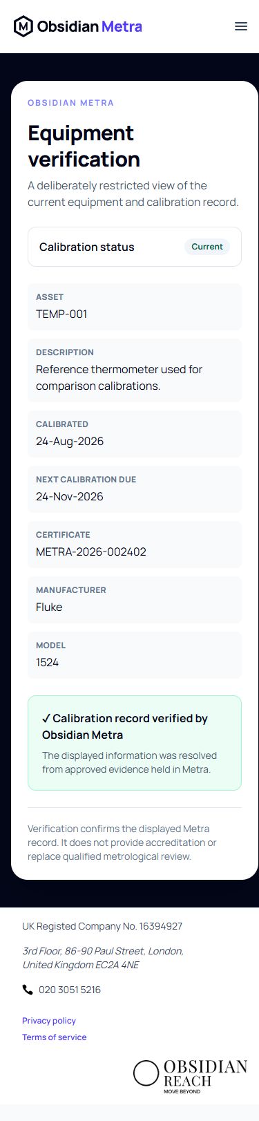 The mobile public equipment verification page for TEMP-001 showing the restricted calibration summary.