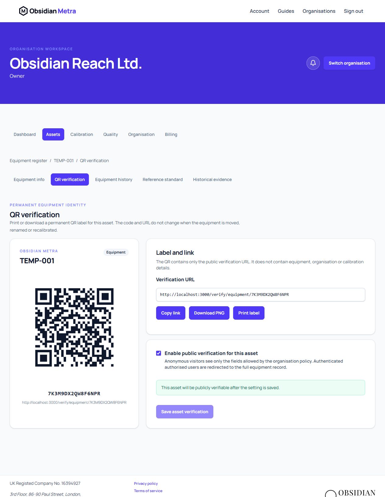 The TEMP-001 QR verification workspace with its permanent code, QR preview, link actions and asset-level public verification control.