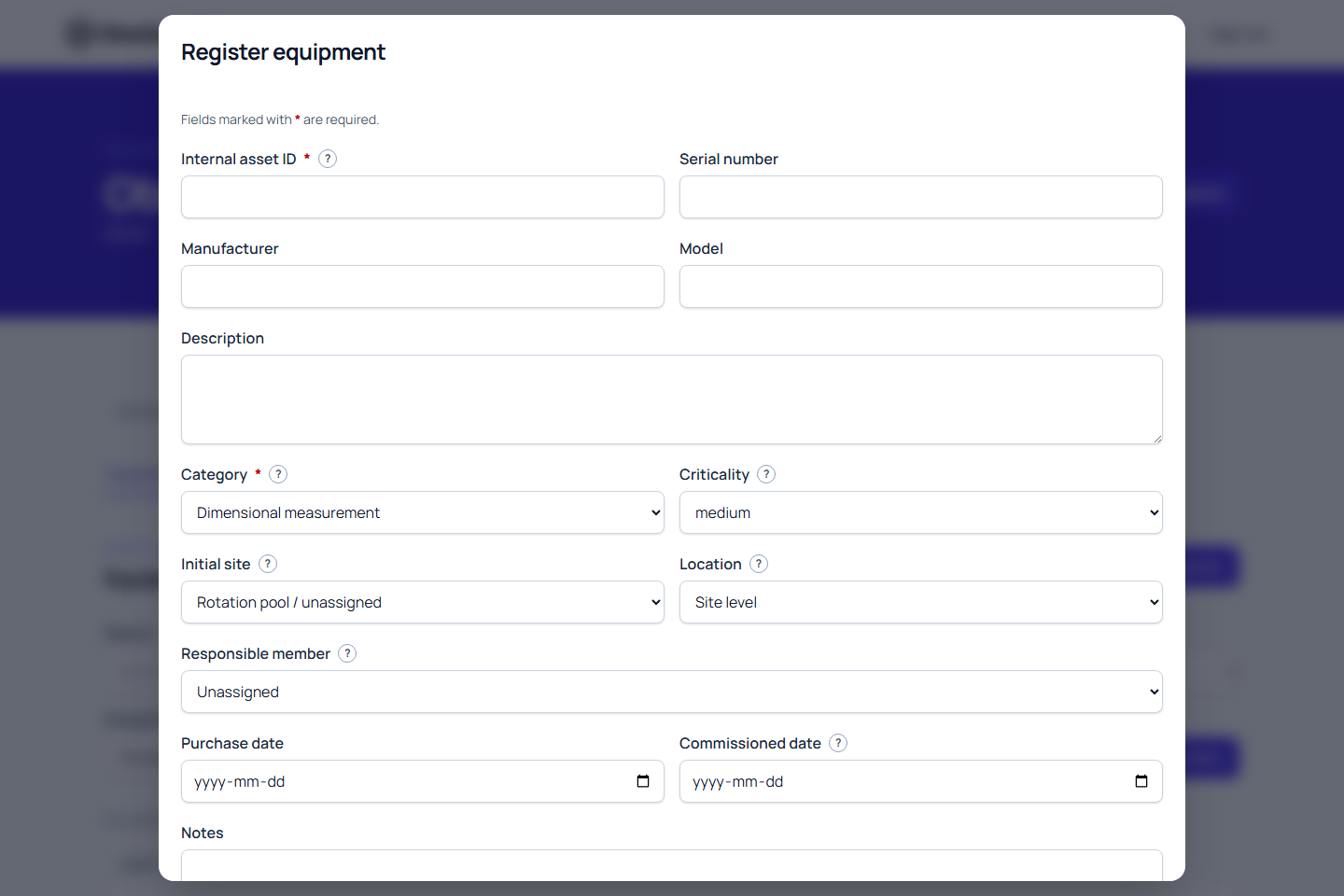 Equipment registration form for a new asset