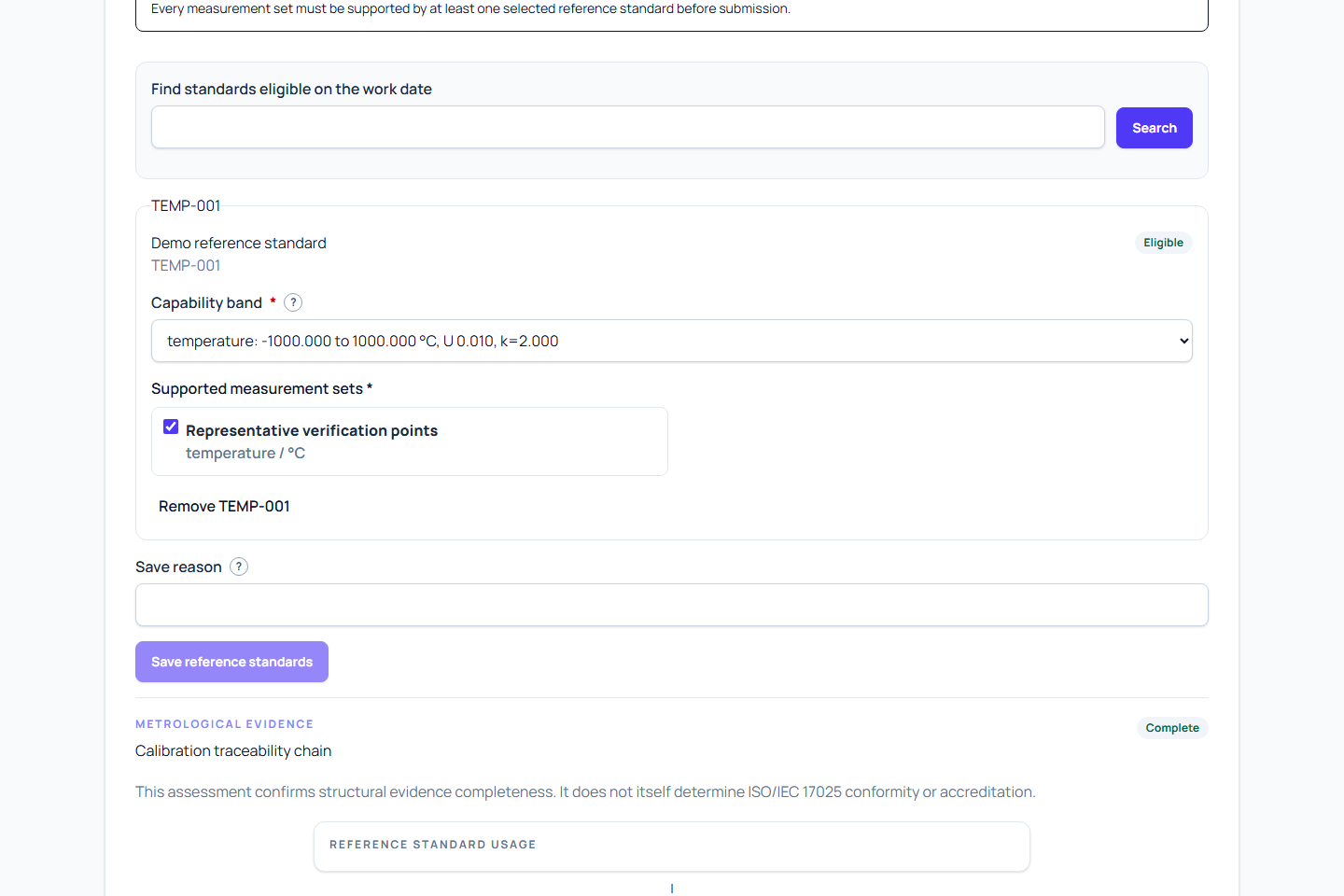 Dedicated reference-standard selection page showing an eligible standard search result